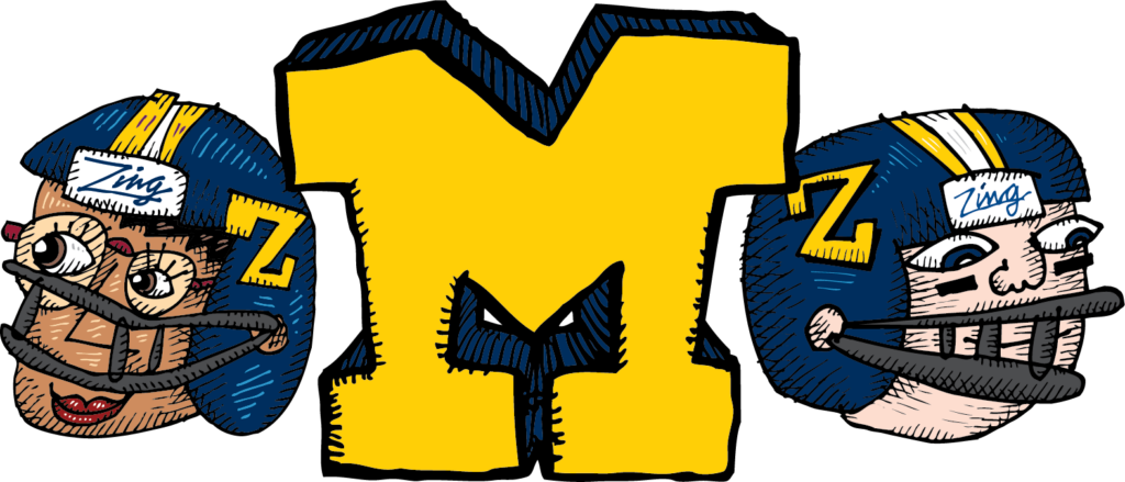 maize block M cookie with 2 football players on either side