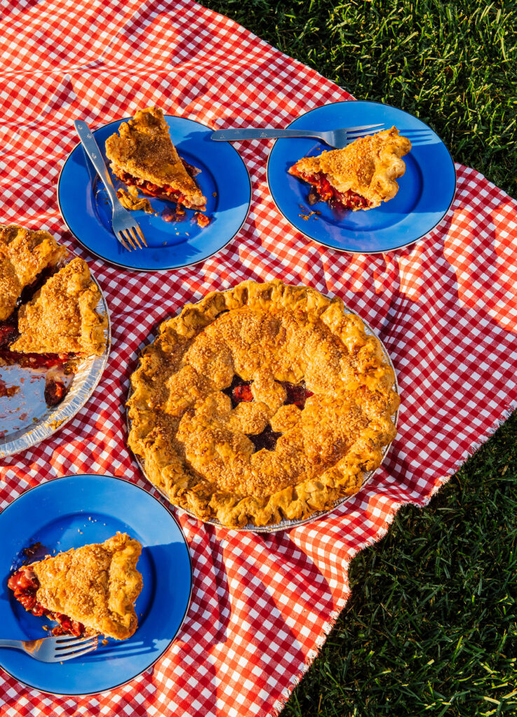 cherry pie on a red and white checkered blanket